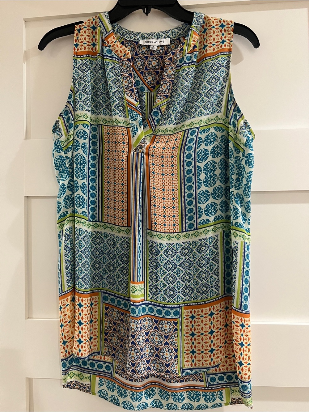 Rose & Olive Patchwork Print Sleeveless V-Neck Tank in Blue Green Orange
